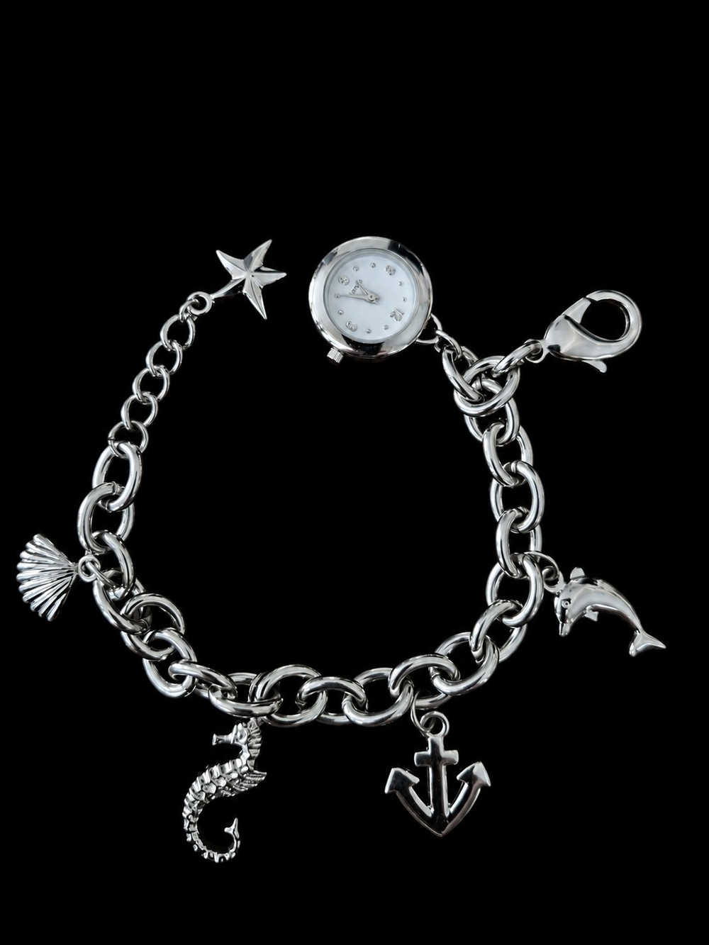 Silver/ Stainless Steel Charm Bracelet Watch with Nautical Charms & Watch